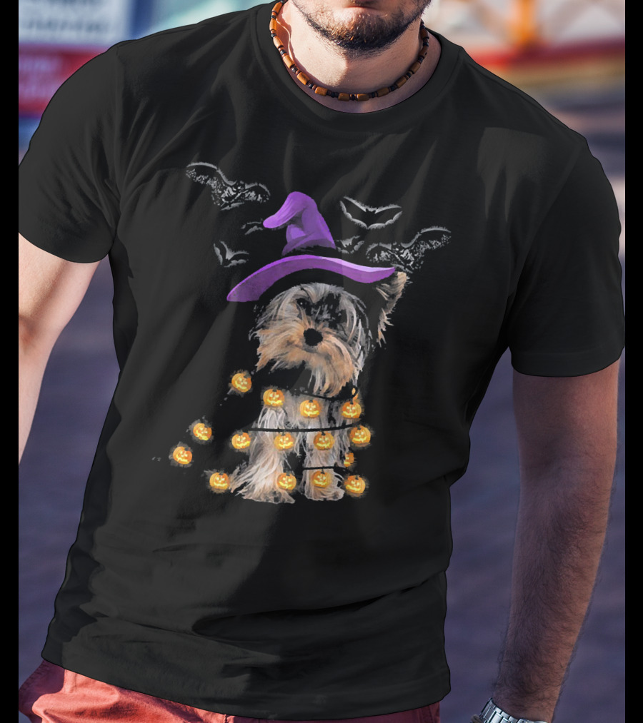 Yorkie In Witch Hat With Pumpkin Lights And Bats T-Shirt