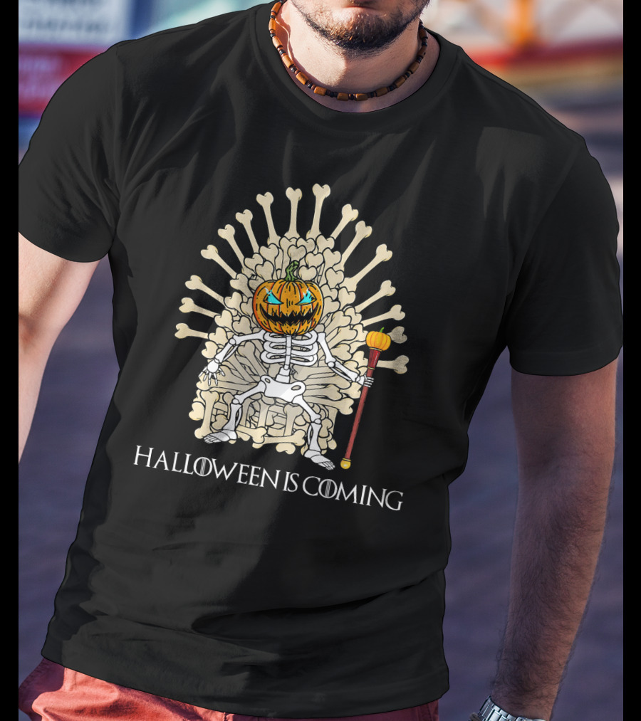 Halloween Is Coming Skeleton Pumpkin Throne T-Shirt