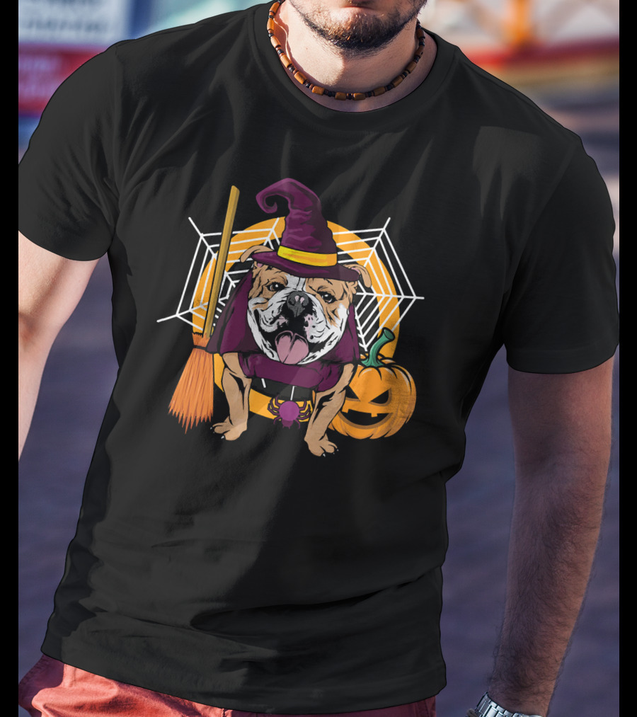 Witch Bulldog Halloween Pumpkin Broom Spiderweb T-Shirt