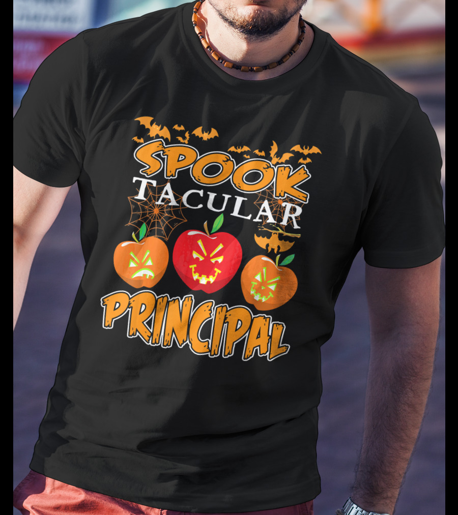 Spooktacular Principal Halloween Pumpkins And Bats T-Shirt