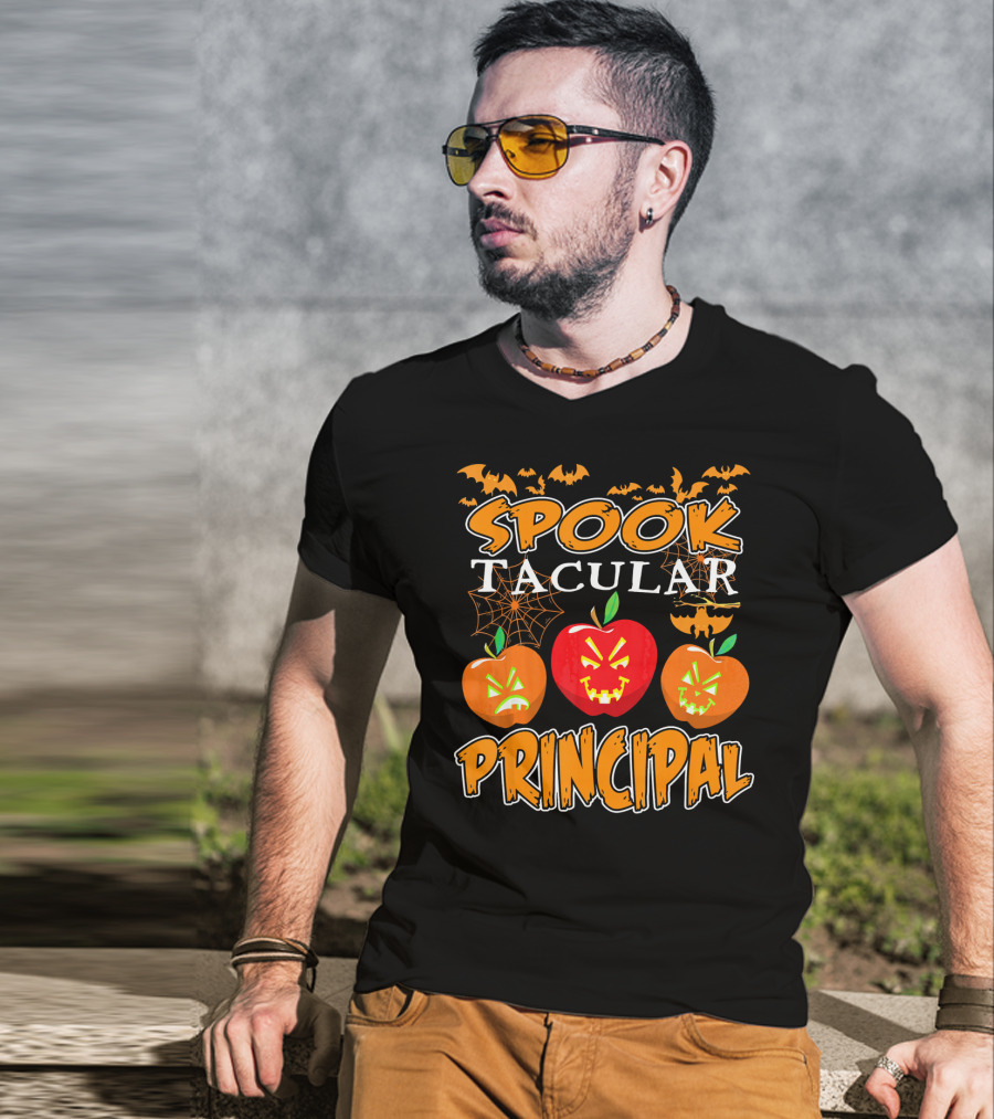 Spooktacular Principal Halloween Pumpkins And Bats T-Shirt