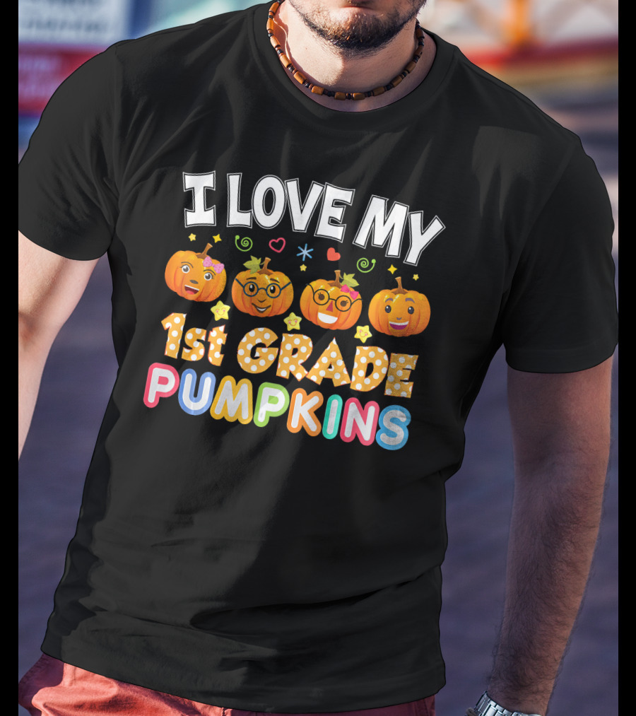 I Love My 1st Grade Pumpkins Halloween Emojis And Stars T-Shirt
