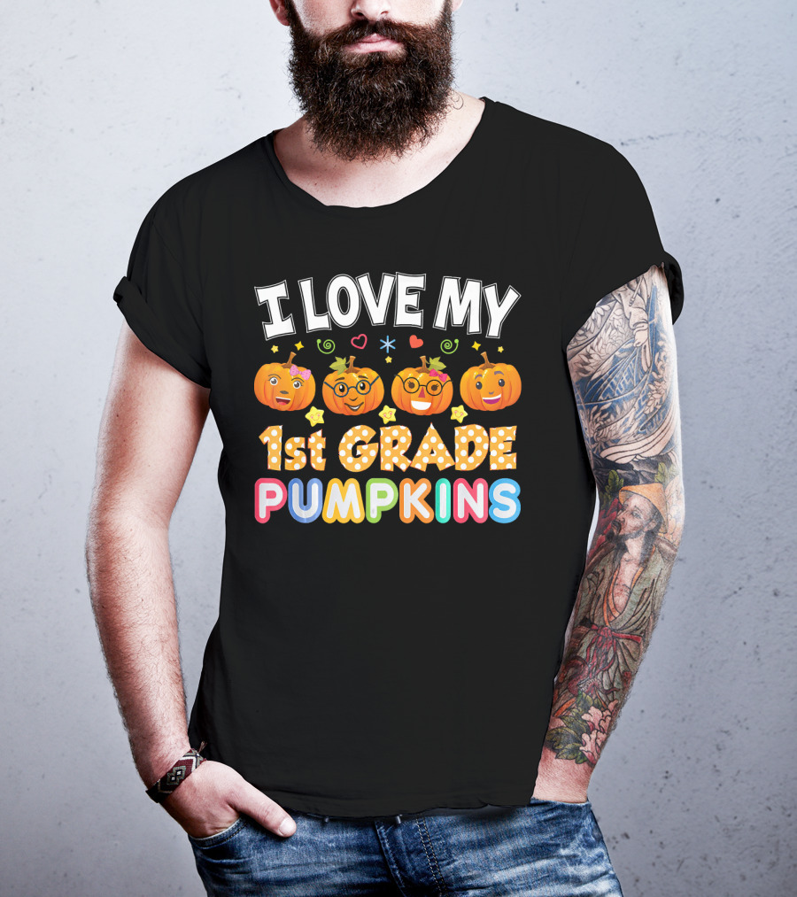 I Love My 1st Grade Pumpkins Halloween Emojis And Stars T-Shirt