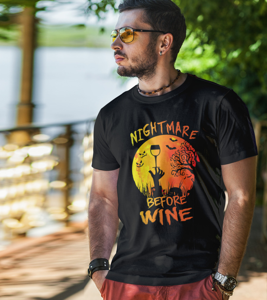 Nightmare Before Wine Halloween Scary Moon Scene T-Shirt