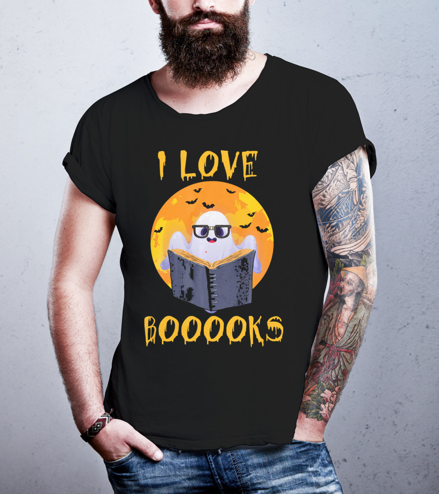 I Love Boooooks Halloween Ghost Reading With Bats T-Shirt