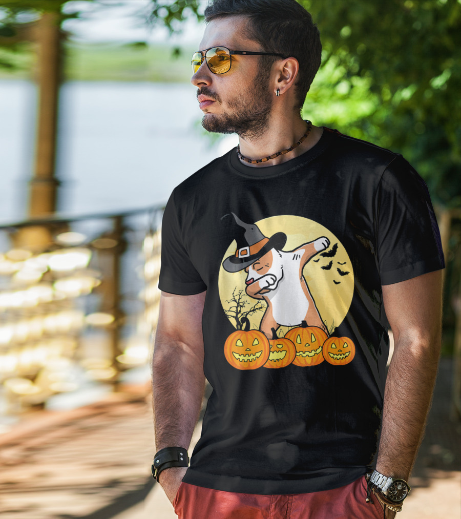 Dabbing Pit Bull Halloween Witch Hat Pumpkins Bats Dance Funny Dog T-Shirt