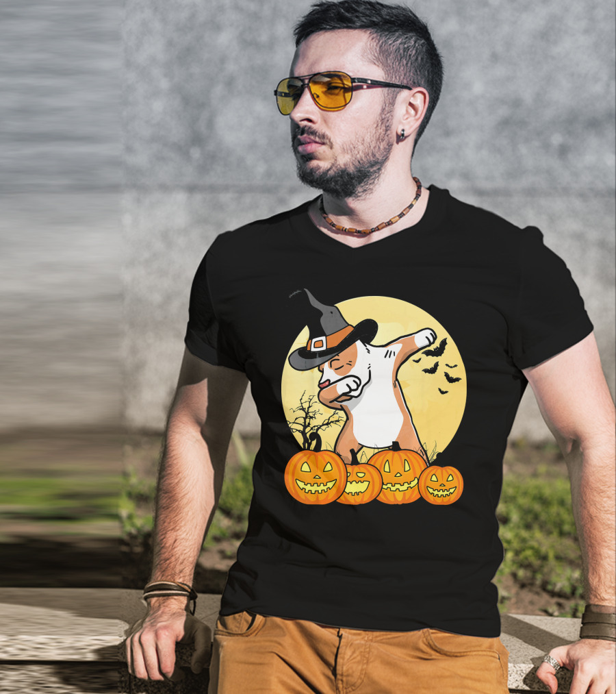 Dabbing Pit Bull Halloween Witch Hat Pumpkins Bats Dance Funny Dog T-Shirt