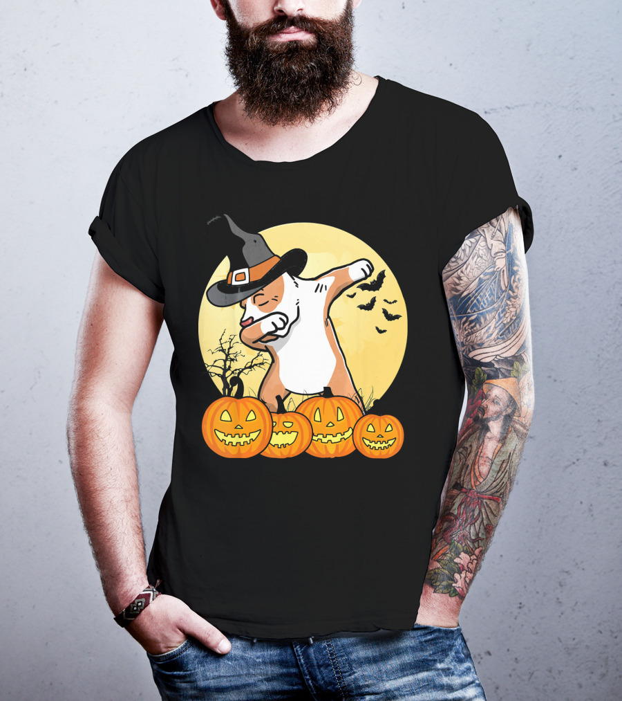 Dabbing Pit Bull Halloween Witch Hat Pumpkins Bats Dance Funny Dog T-Shirt