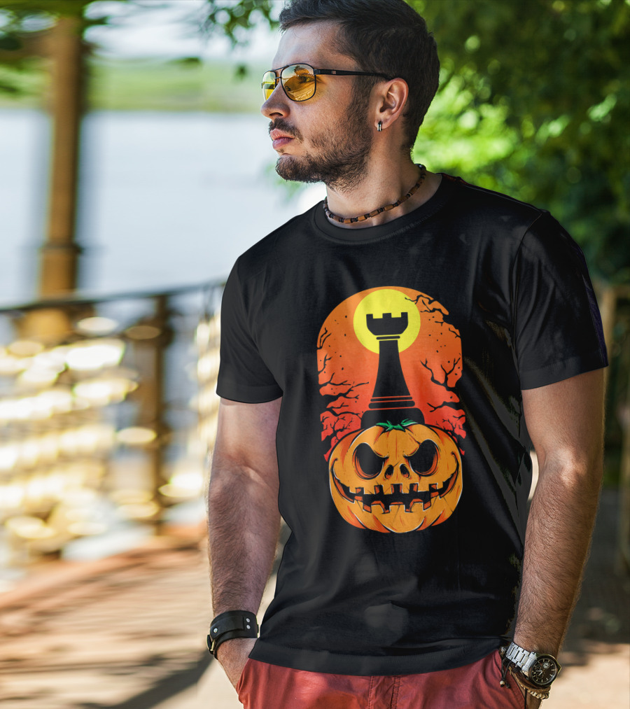 Spooky Rook Pumpkin Halloween Chess Tower Moon T-Shirt