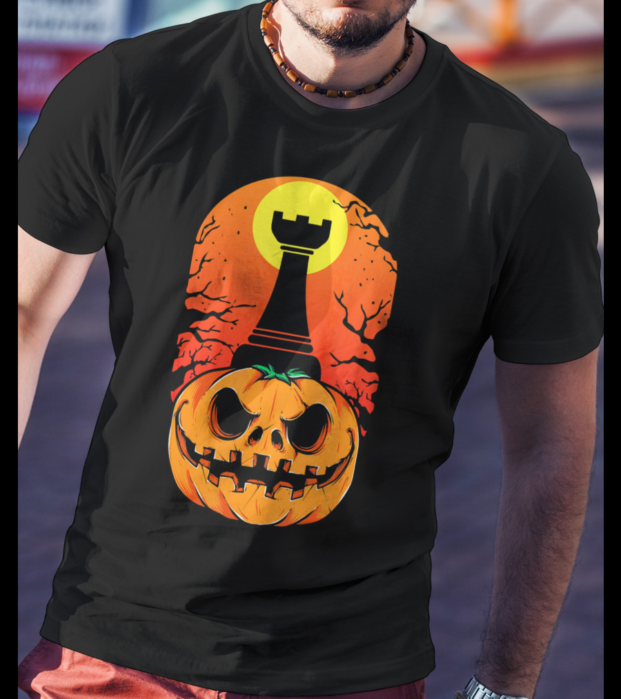 Spooky Rook Pumpkin Halloween Chess Tower Moon T-Shirt