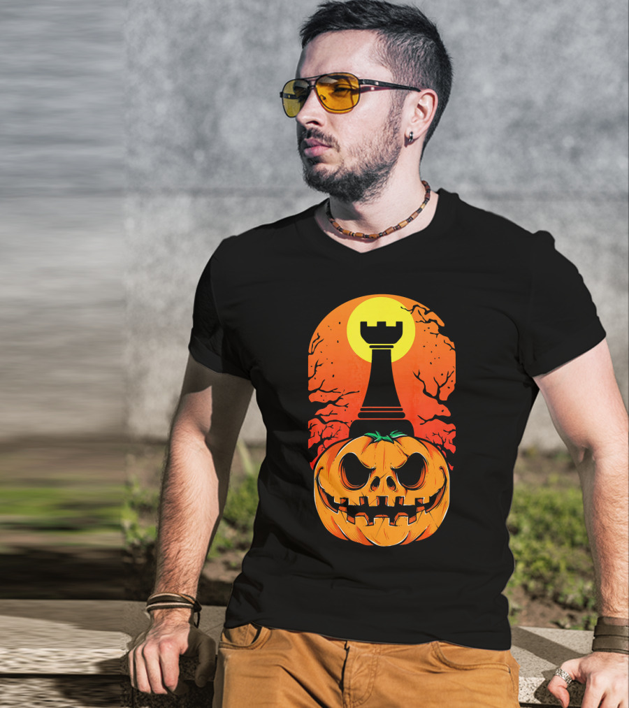 Spooky Rook Pumpkin Halloween Chess Tower Moon T-Shirt