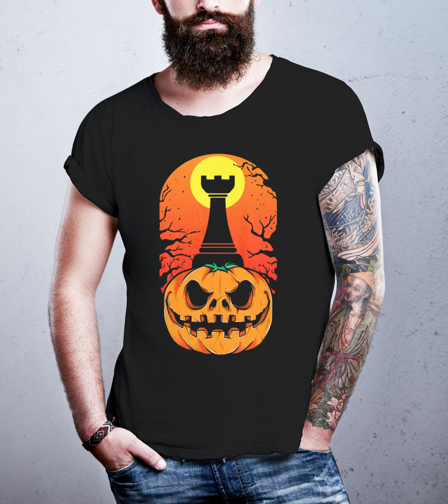 Spooky Rook Pumpkin Halloween Chess Tower Moon T-Shirt