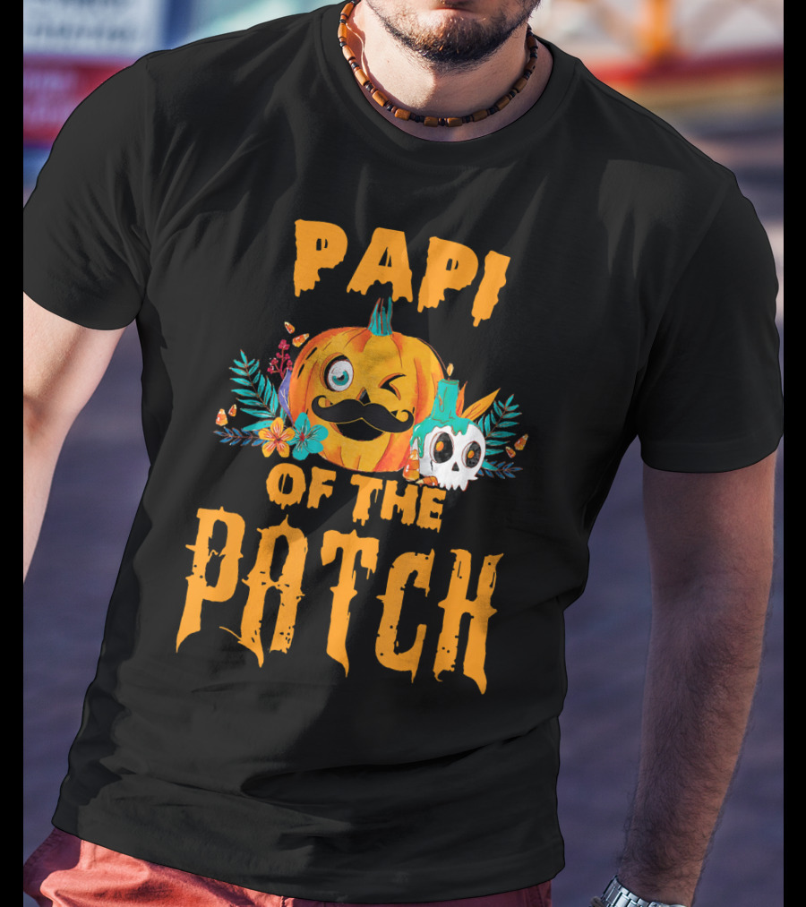 Papi Of The Patch Pumpkin Winking Mustache Skull Flowers T-Shirt