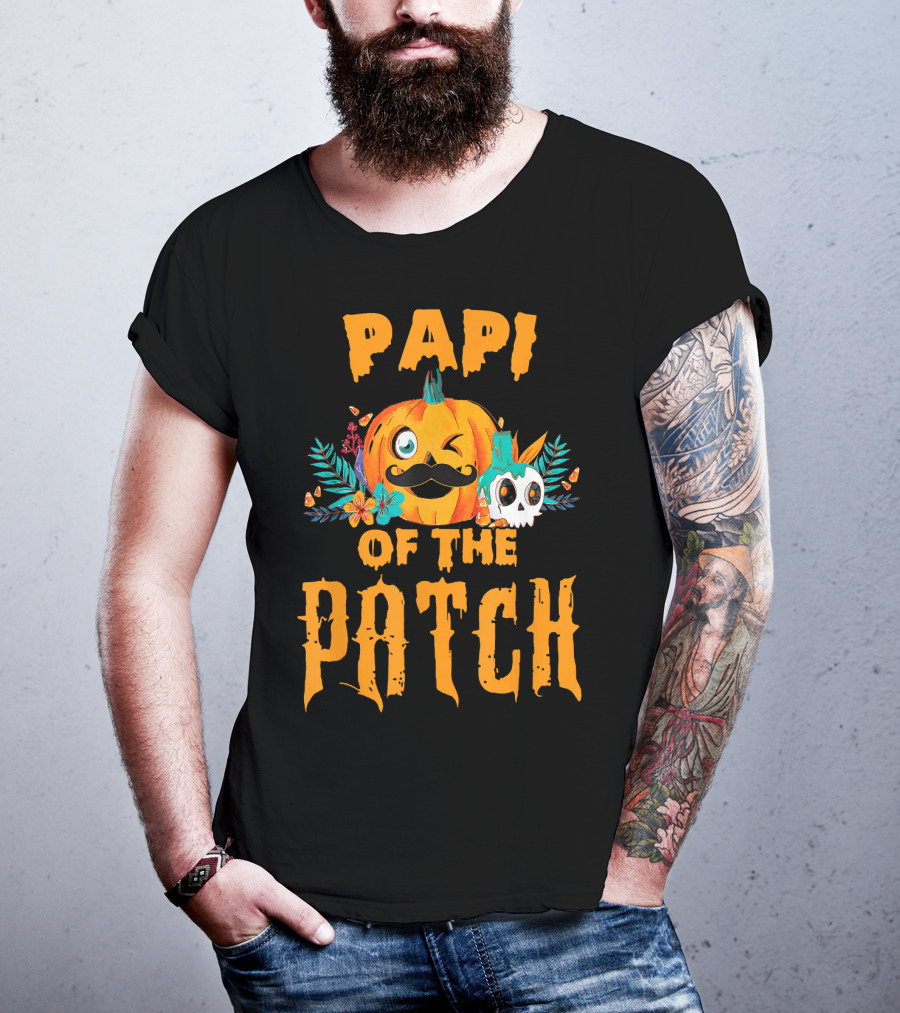 Papi Of The Patch Pumpkin Winking Mustache Skull Flowers T-Shirt
