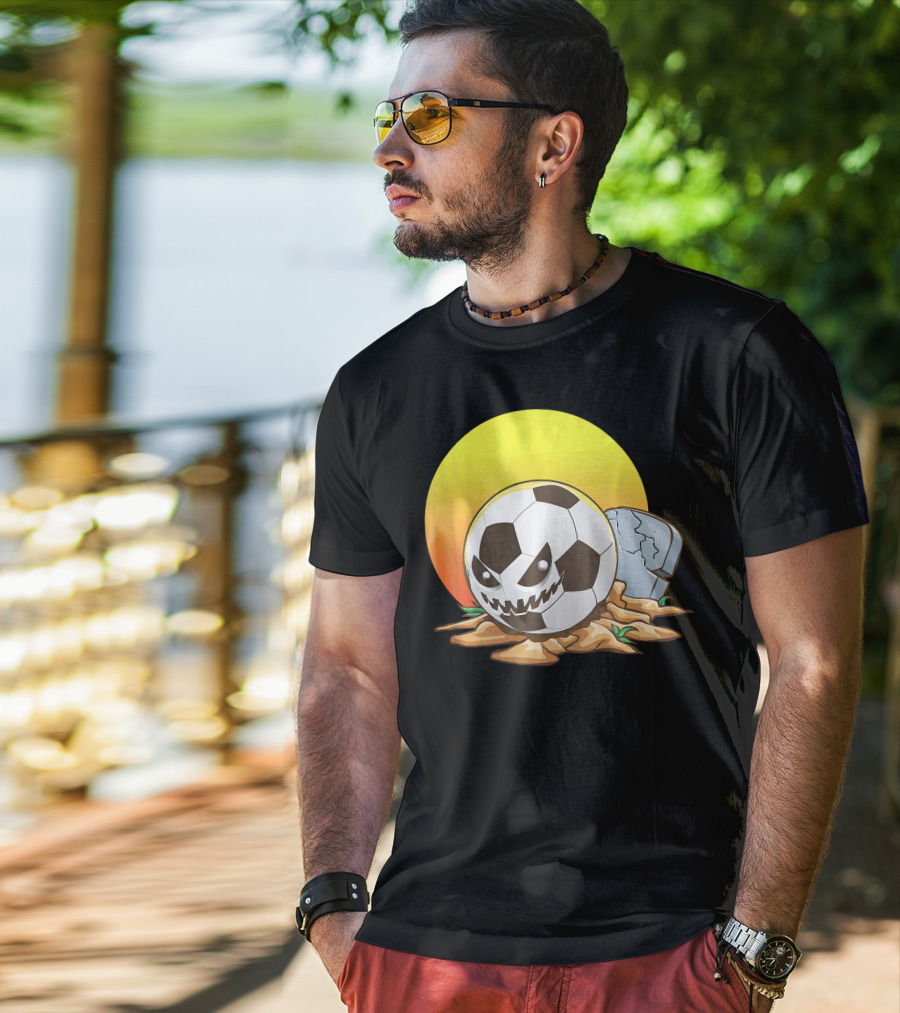 Soccer Halloween Goal With Spooky Jack-O'-Lantern Face And Graveyard Scene T-Shirt