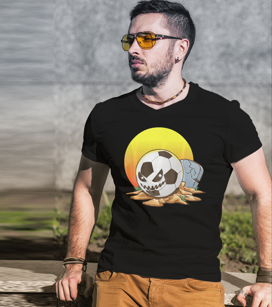 Soccer Halloween Goal With Spooky Jack-O'-Lantern Face And Graveyard Scene T-Shirt