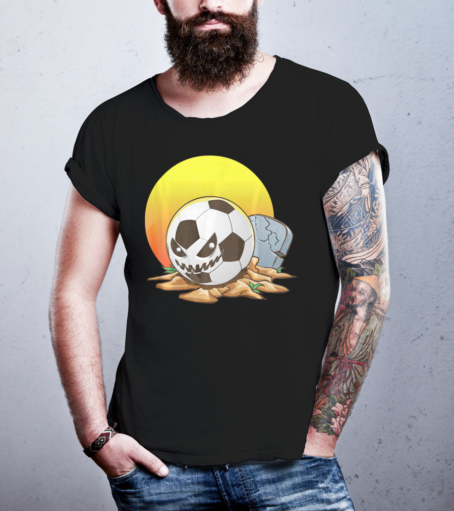 Soccer Halloween Goal With Spooky Jack-O'-Lantern Face And Graveyard Scene T-Shirt