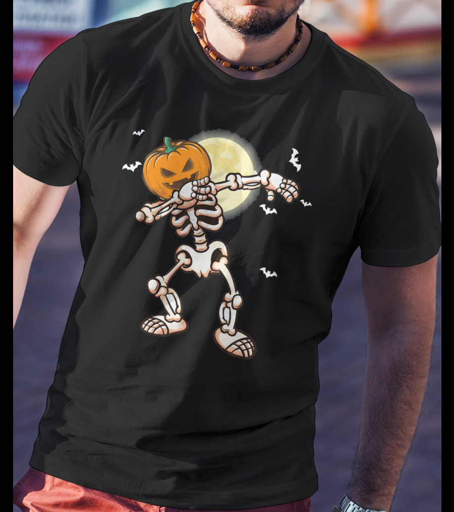 Skeleton Dabbing With Pumpkin Head And Bats T-Shirt