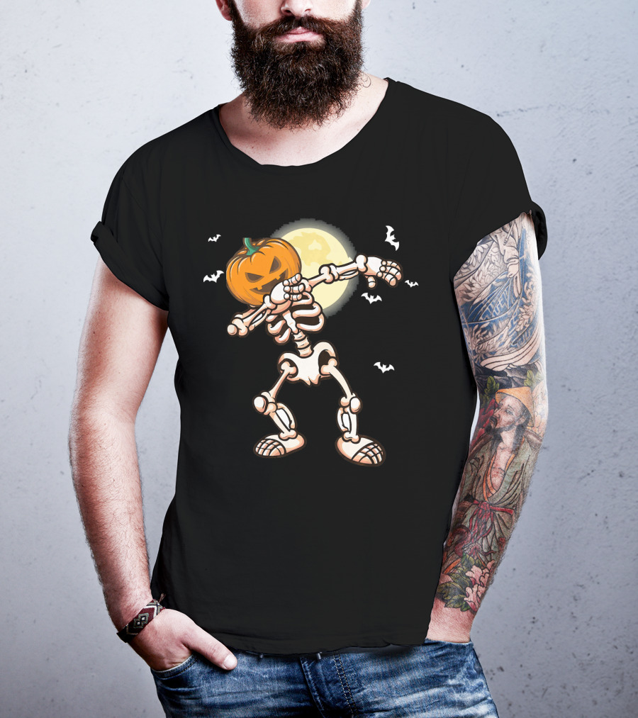 Skeleton Dabbing With Pumpkin Head And Bats T-Shirt