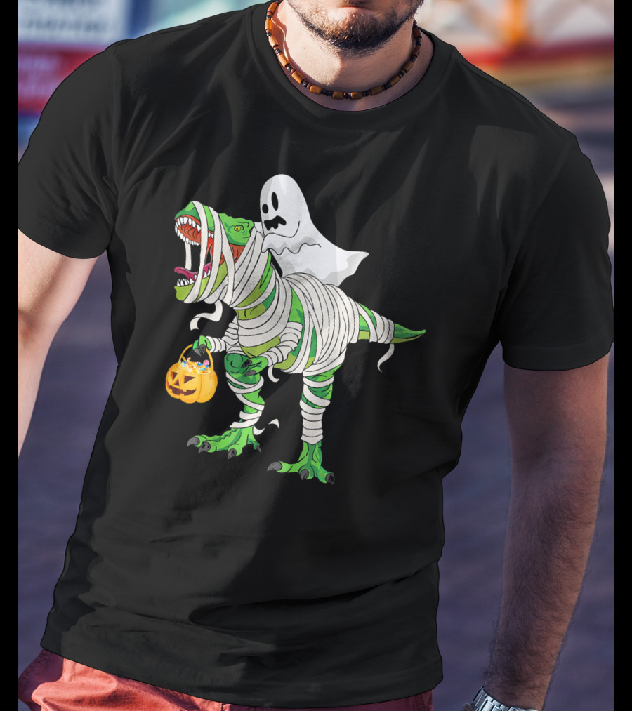 Ghost Mummy Riding T-Rex Trick Or Treat T-Shirt