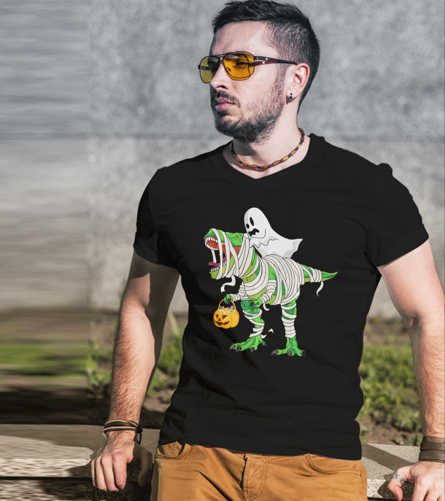 Ghost Mummy Riding T-Rex Trick Or Treat T-Shirt