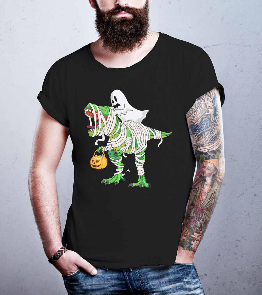Ghost Mummy Riding T-Rex Trick Or Treat T-Shirt