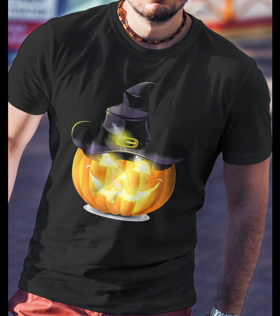 Halloween Horror Pumpkin Witch Hat Glowing Face T-Shirt