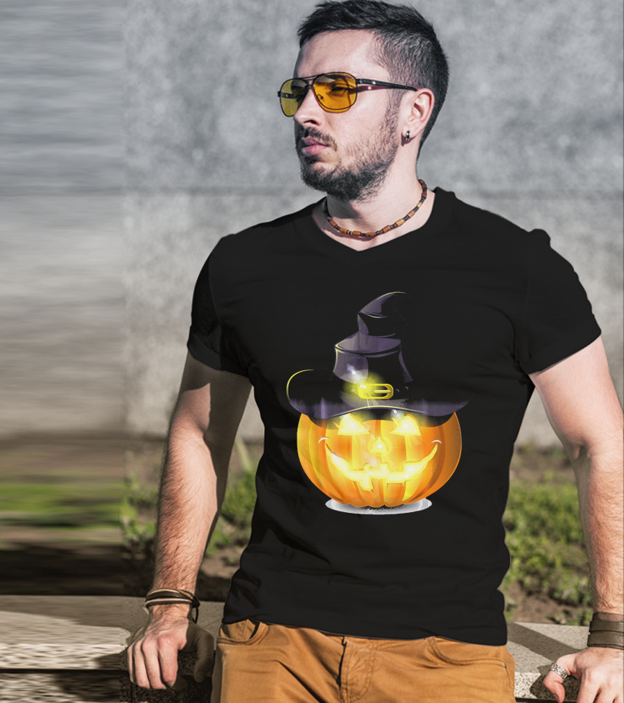 Halloween Horror Pumpkin Witch Hat Glowing Face T-Shirt