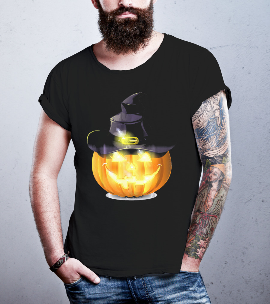 Halloween Horror Pumpkin Witch Hat Glowing Face T-Shirt