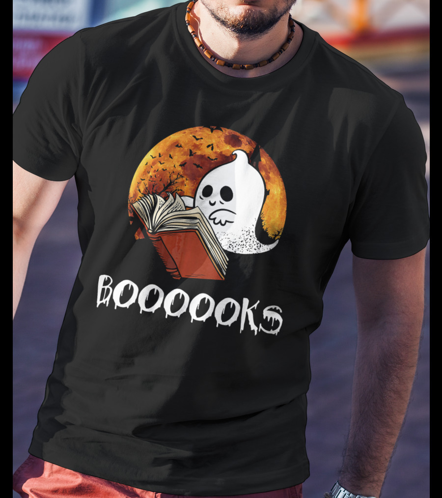 Booooooks Boo Reading Books Hall Ghost With Open Book And Moon Bats T-Shirt