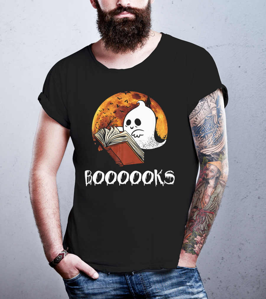 Booooooks Boo Reading Books Hall Ghost With Open Book And Moon Bats T-Shirt