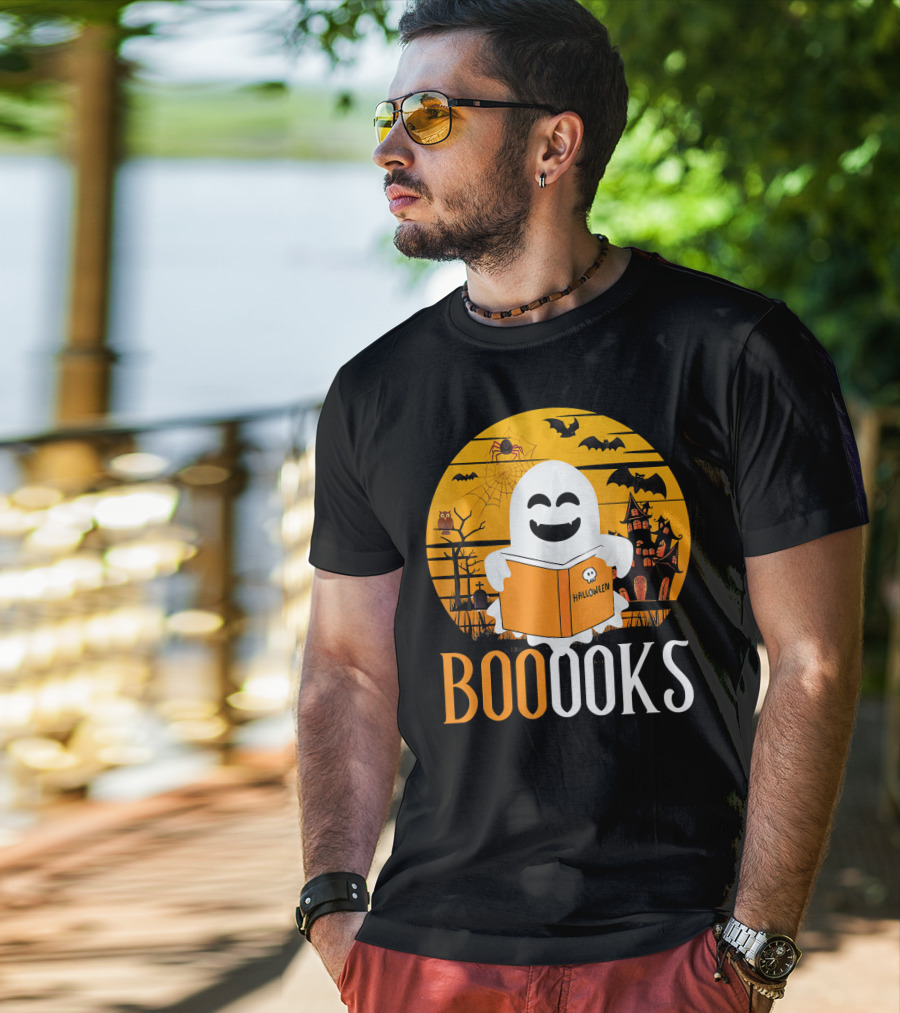 Halloween Ghost Reading Booooks In Spooky Setting With Funny Teacher T-Shirt