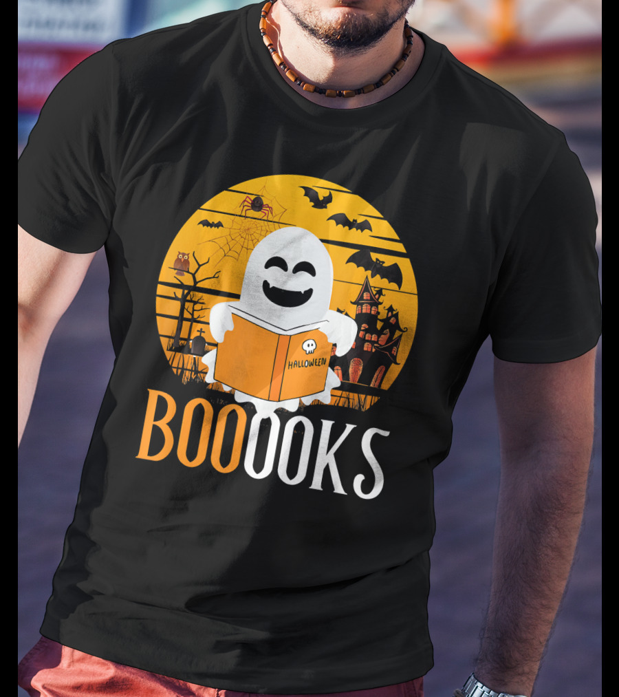 Halloween Ghost Reading Booooks In Spooky Setting With Funny Teacher T-Shirt