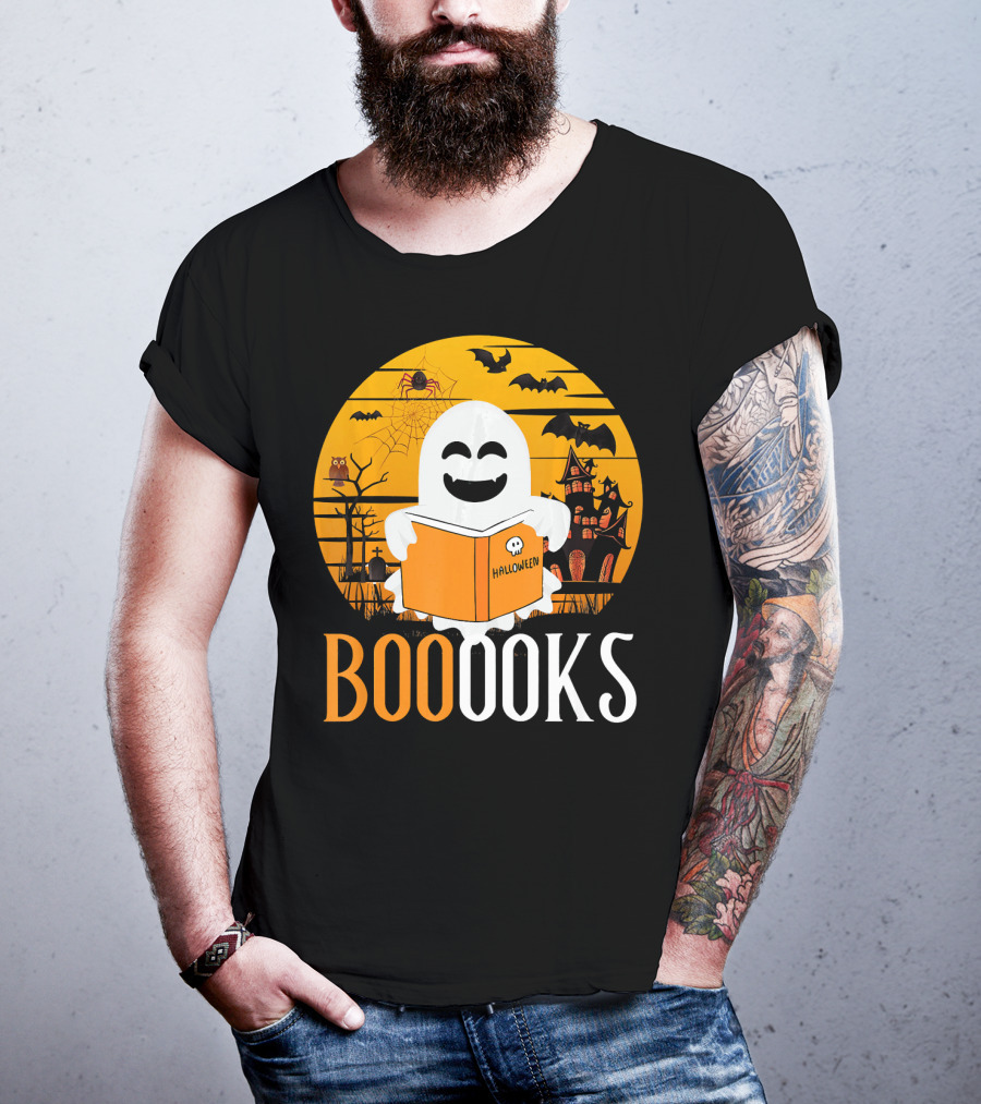 Halloween Ghost Reading Booooks In Spooky Setting With Funny Teacher T-Shirt