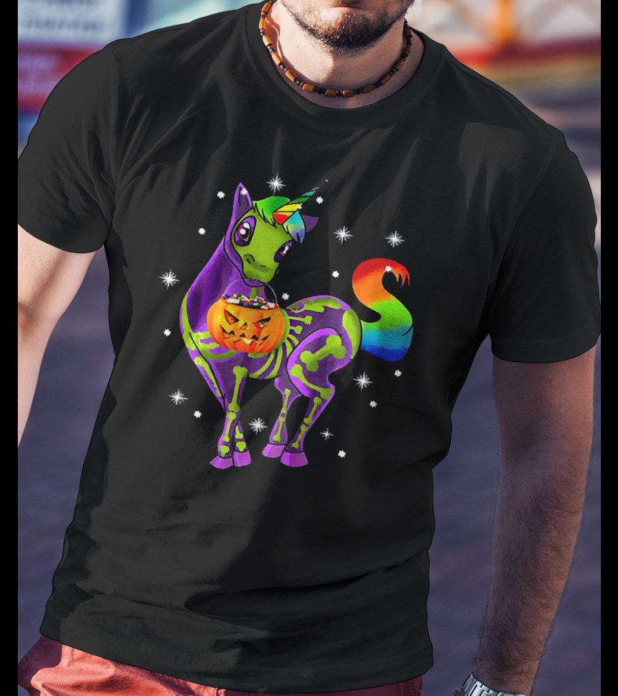 Unicorn Skeleton Pumpkin Rainbow Halloween Magic T-Shirt