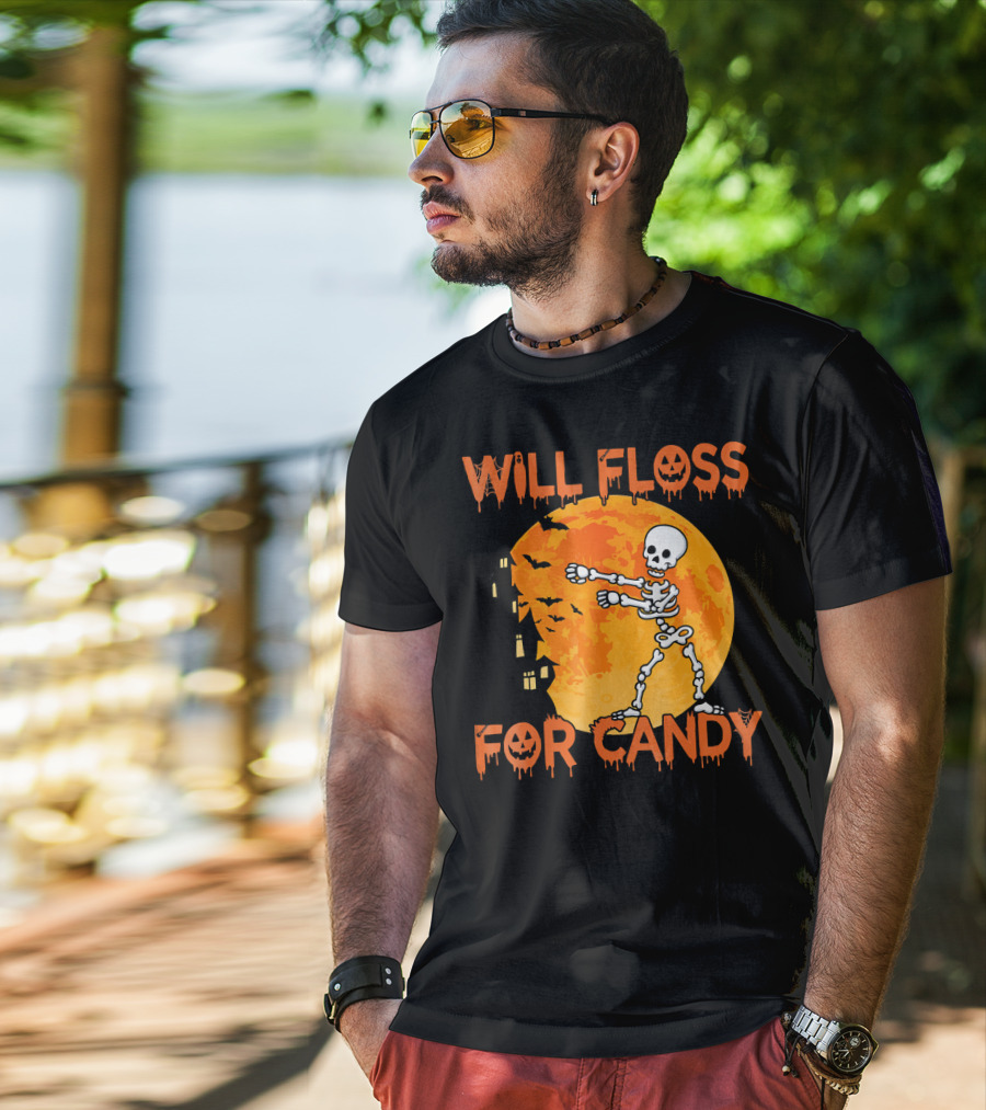 Will Floss For Candy Dancing Skeleton Halloween Moon Bats T-Shirt