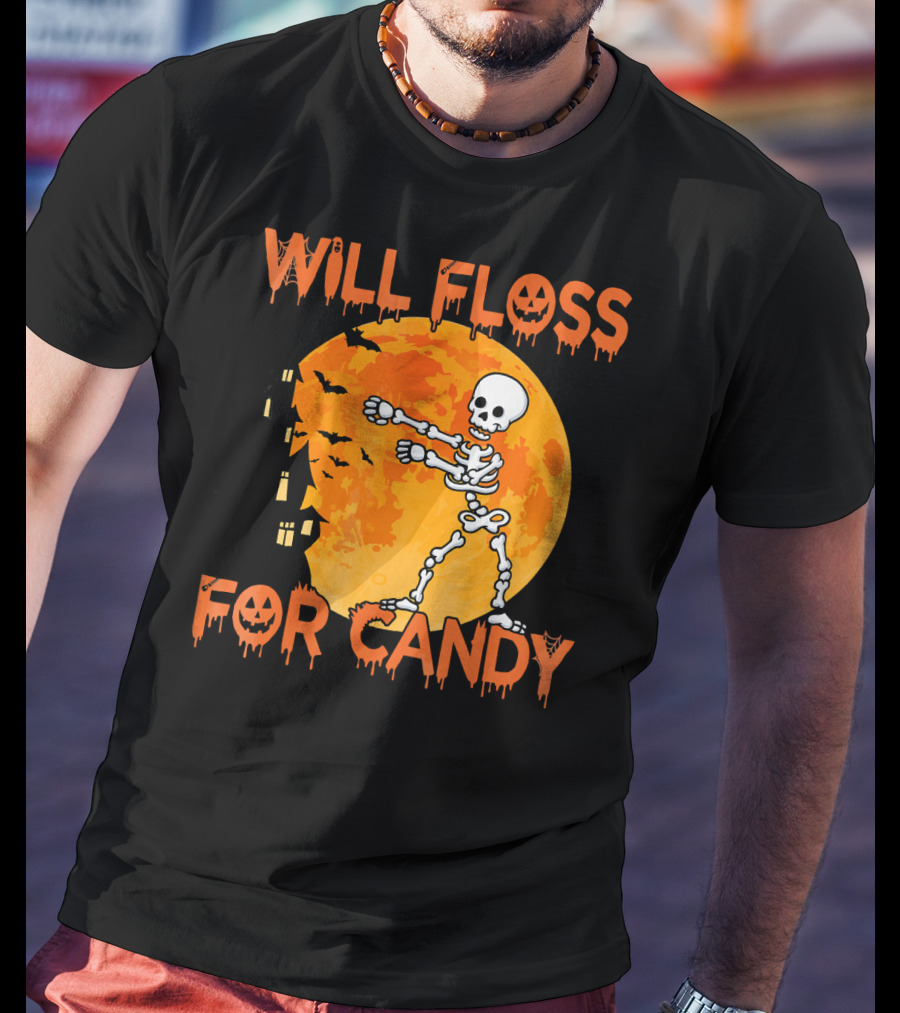 Will Floss For Candy Dancing Skeleton Halloween Moon Bats T-Shirt
