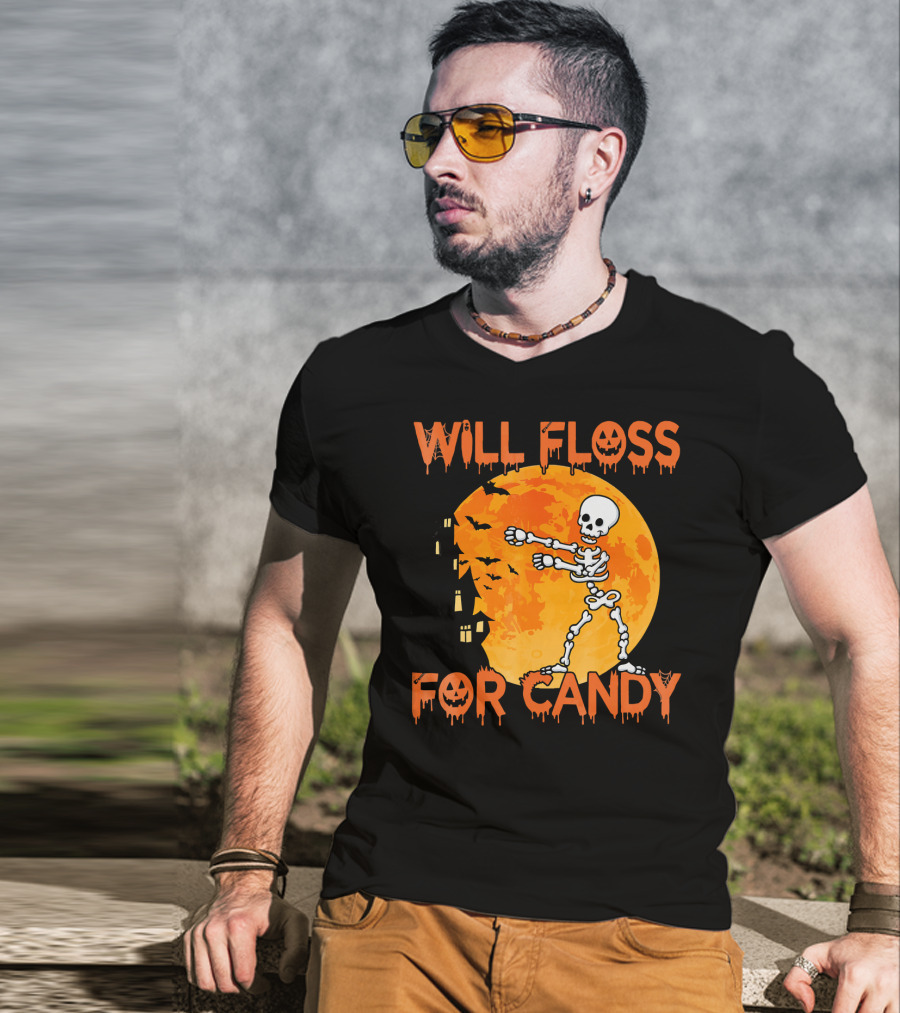 Will Floss For Candy Dancing Skeleton Halloween Moon Bats T-Shirt