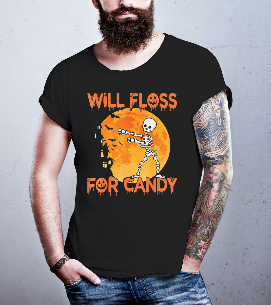 Will Floss For Candy Dancing Skeleton Halloween Moon Bats T-Shirt