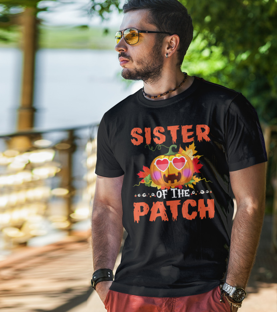 Sister Of The Patch Pumpkin Halloween Co Hearts Leaves Skulls T-Shirt