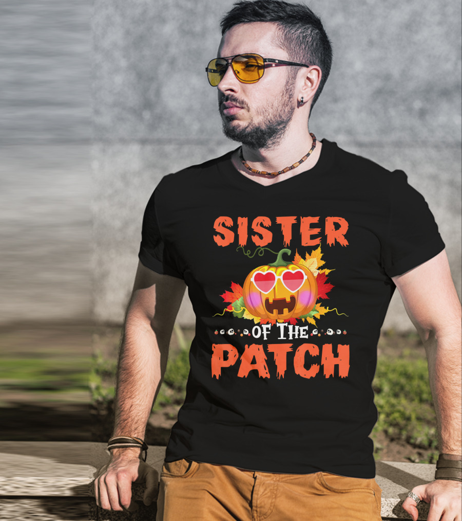 Sister Of The Patch Pumpkin Halloween Co Hearts Leaves Skulls T-Shirt
