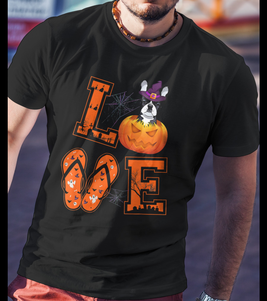 LOVE French Bulldog Pumpkin Halloween Ghosts Spider Webs T-Shirt