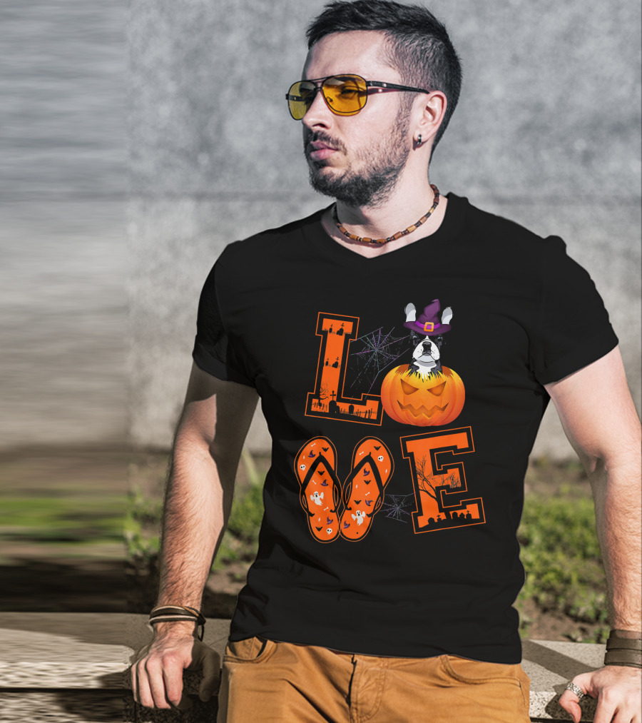 LOVE French Bulldog Pumpkin Halloween Ghosts Spider Webs T-Shirt