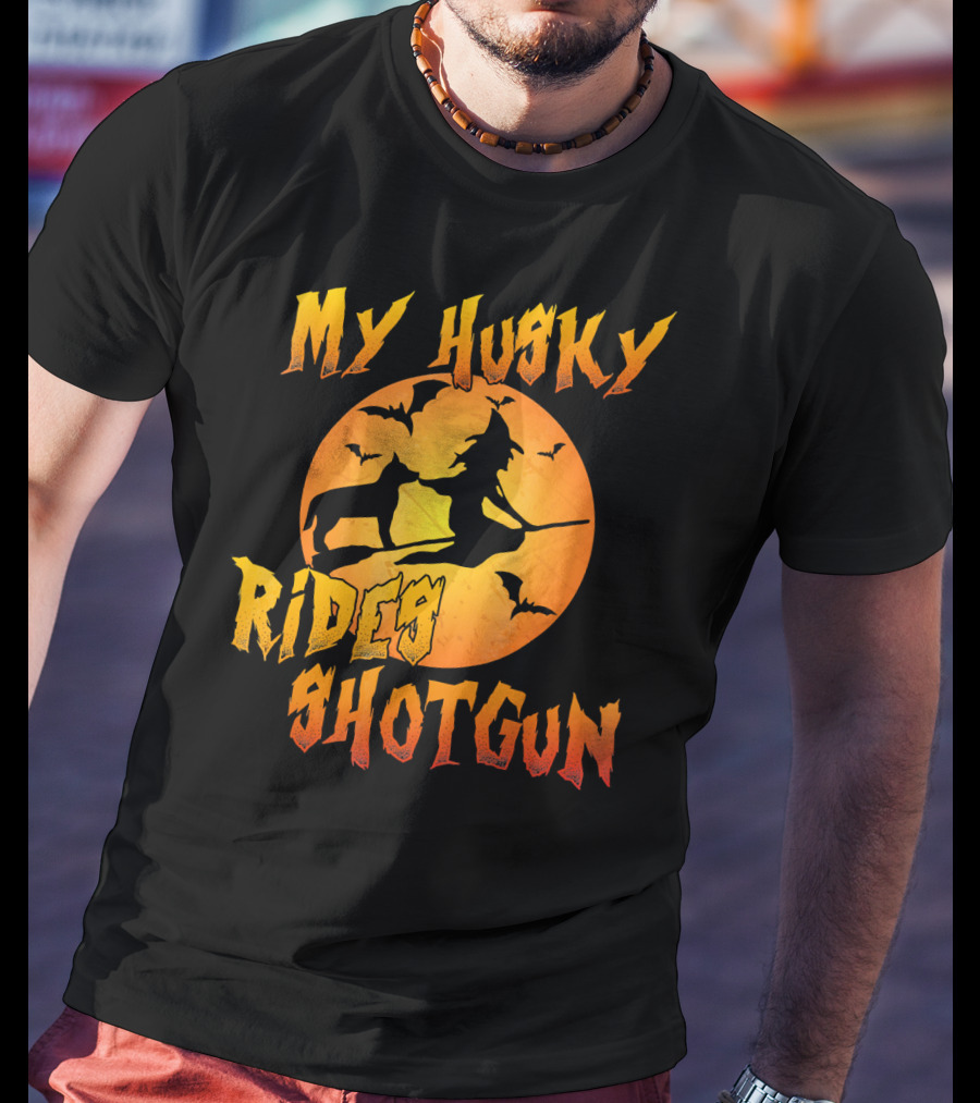 My Husky Rides Shotgun Halloween Witch Moon Bats T-Shirt