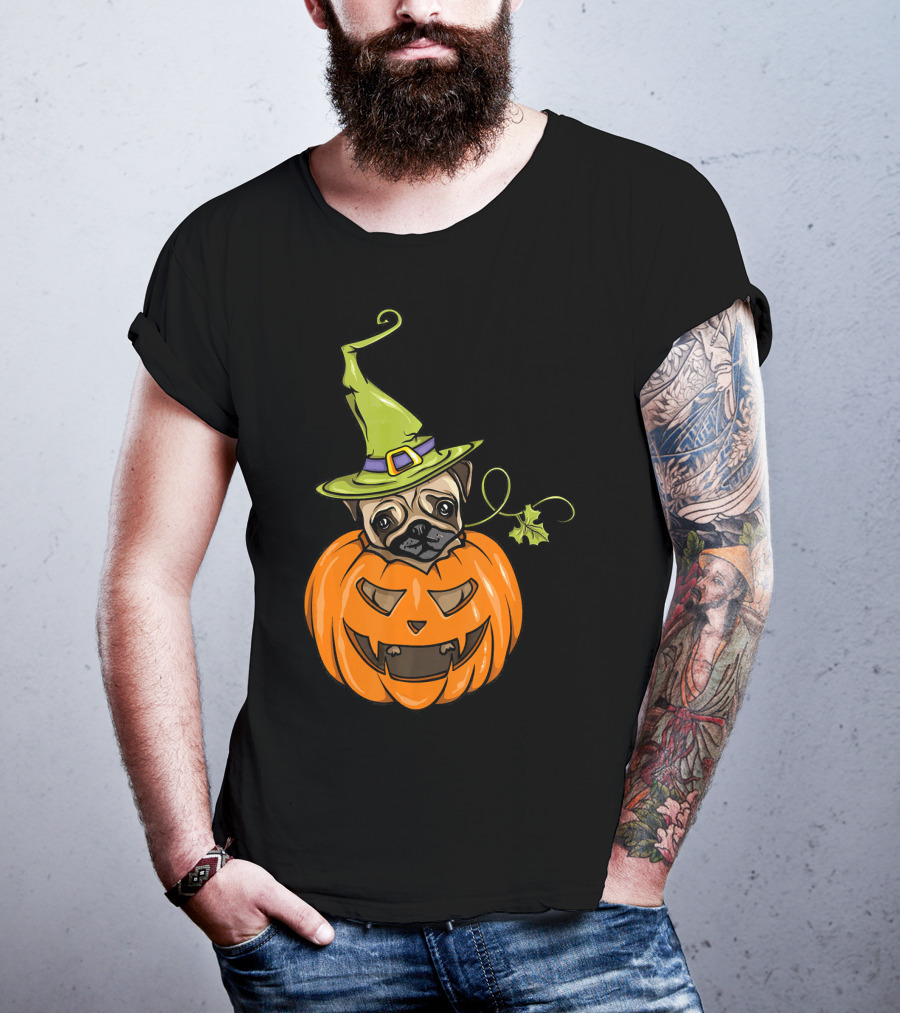 Pumpkin Pug Witch Halloween Costume Women T-Shirt
