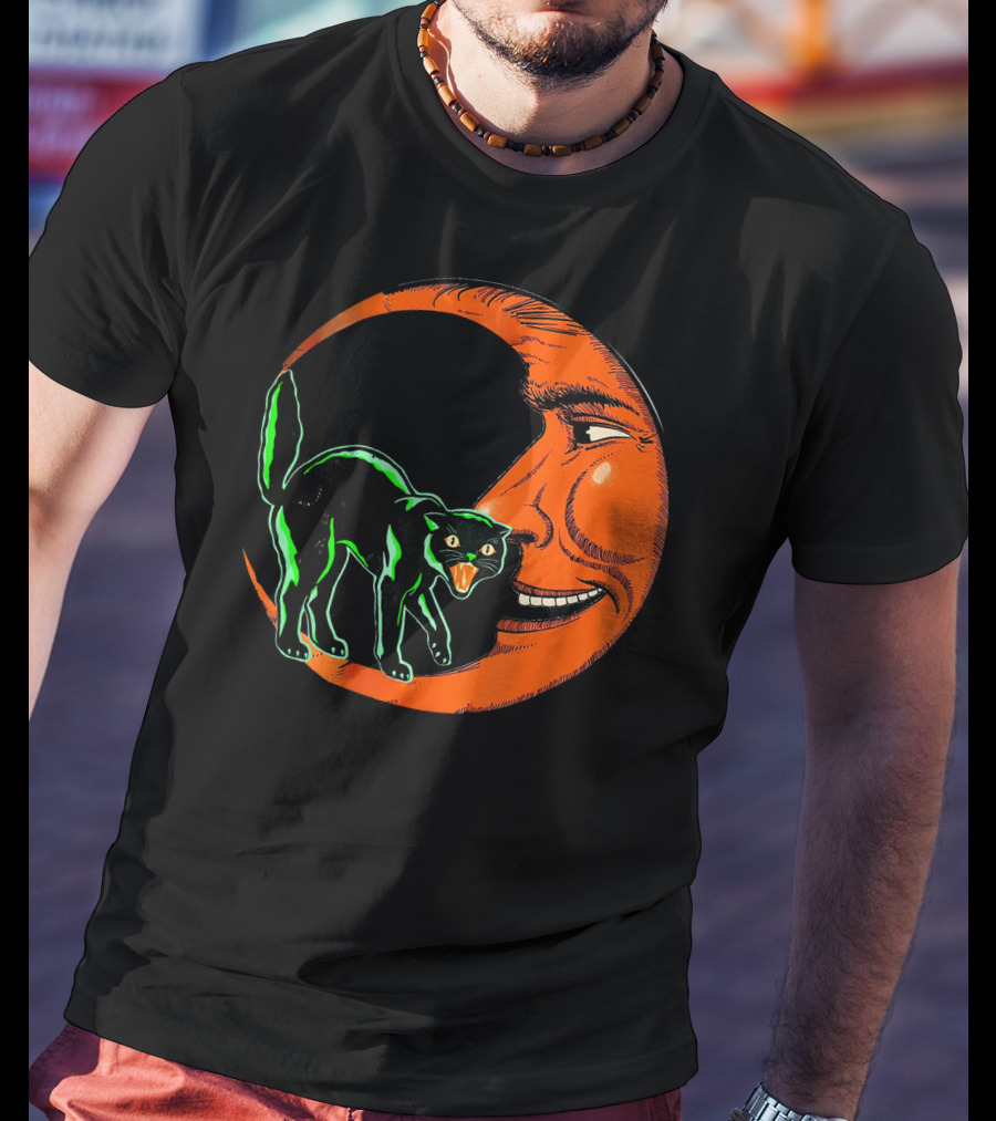 Vintage Halloween Beistle Cat On Crescent Moon T-Shirt