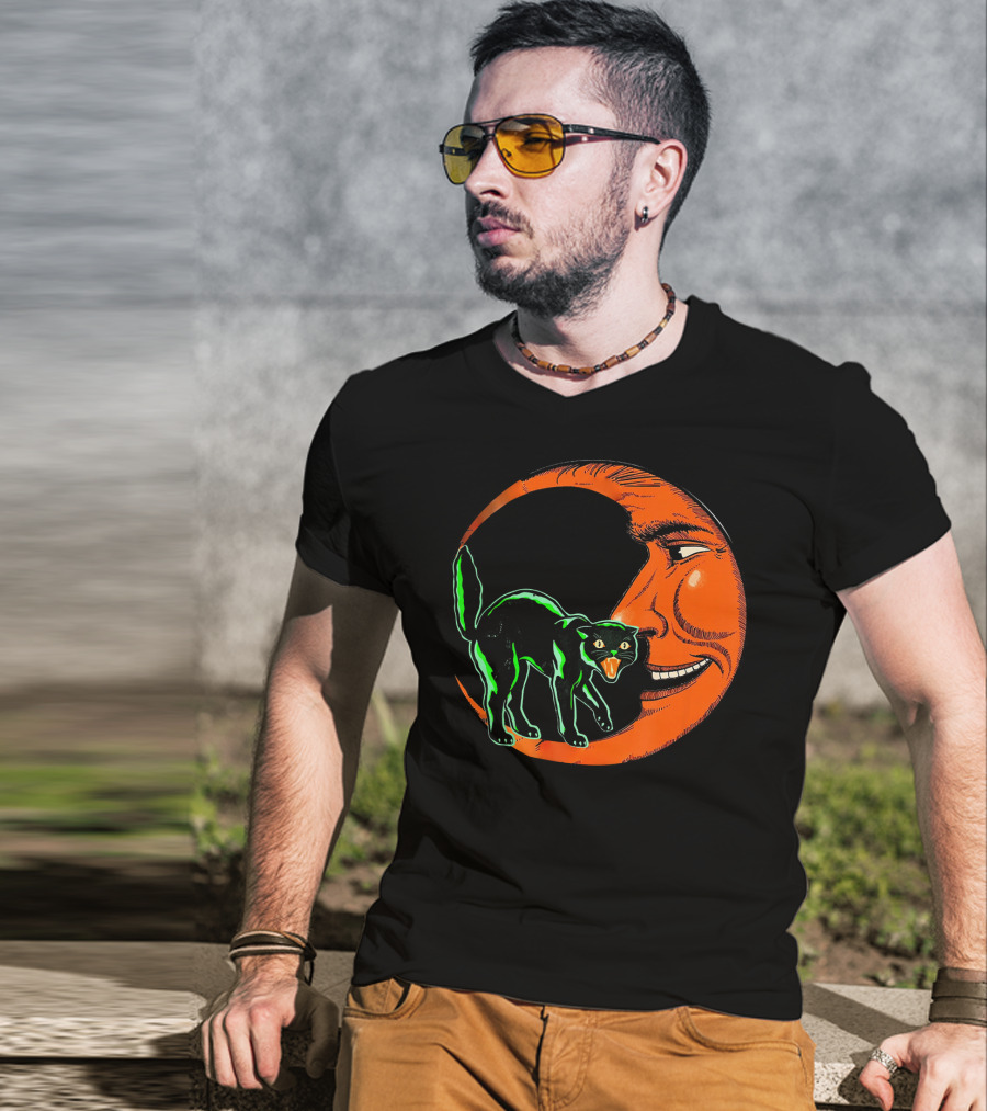 Vintage Halloween Beistle Cat On Crescent Moon T-Shirt