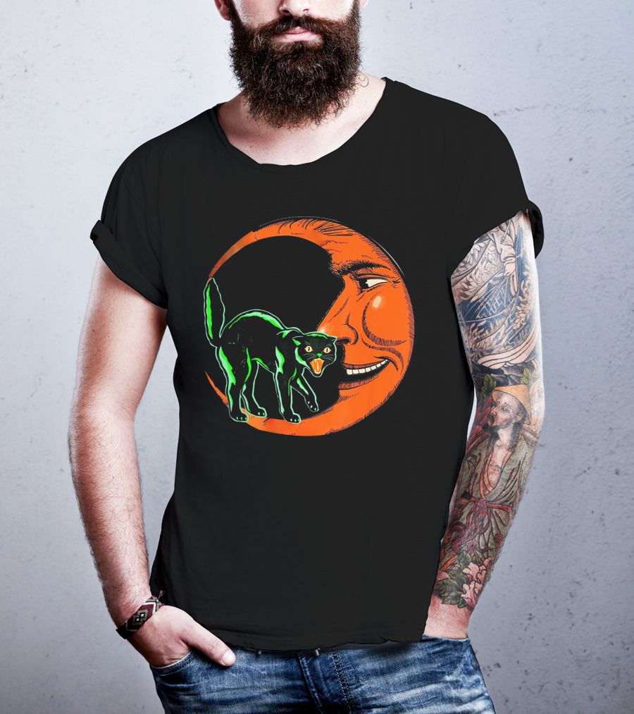 Vintage Halloween Beistle Cat On Crescent Moon T-Shirt