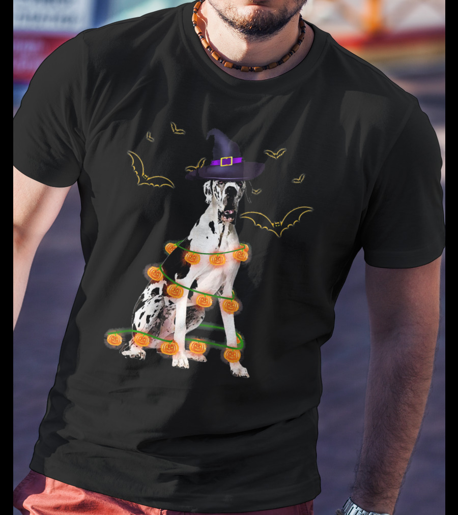 Halloween Great Dane Dog With Witch Hat And Pumpkin Lights Surrounded By Bats T-Shirt