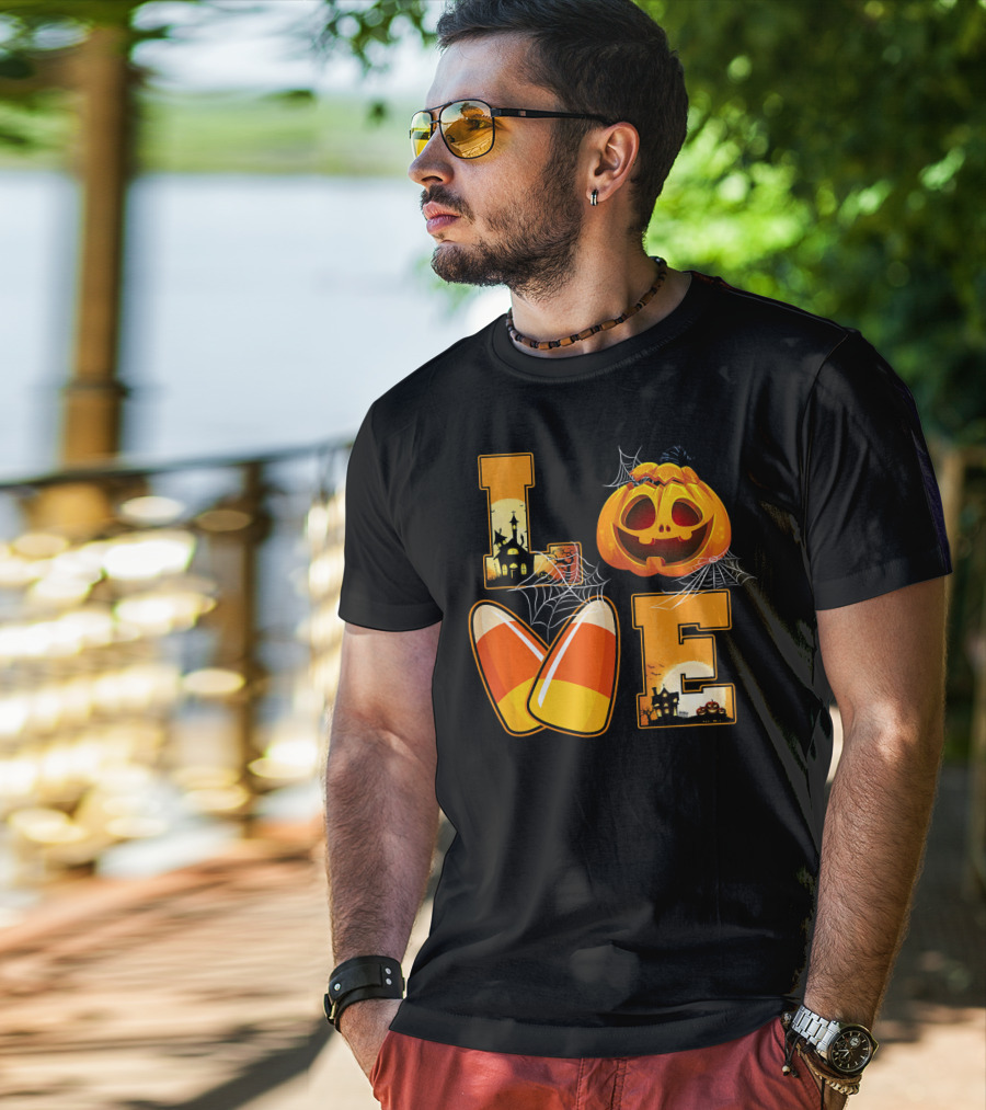 Love Candy Corn Pumpkin Halloween Spiderwebs T-Shirt